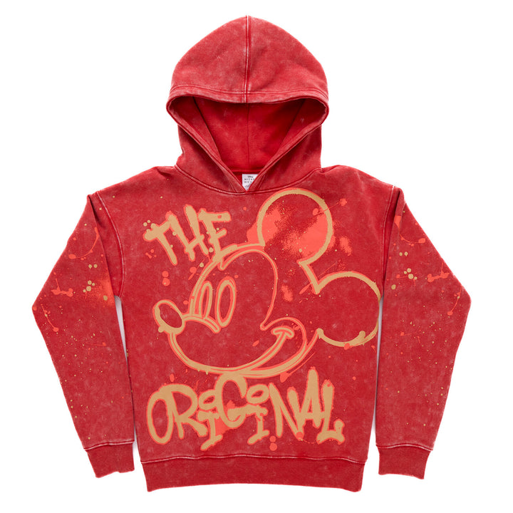 Disney Mickey Mouse Men's Fleece Pullover Hoodie Red Acid Wash