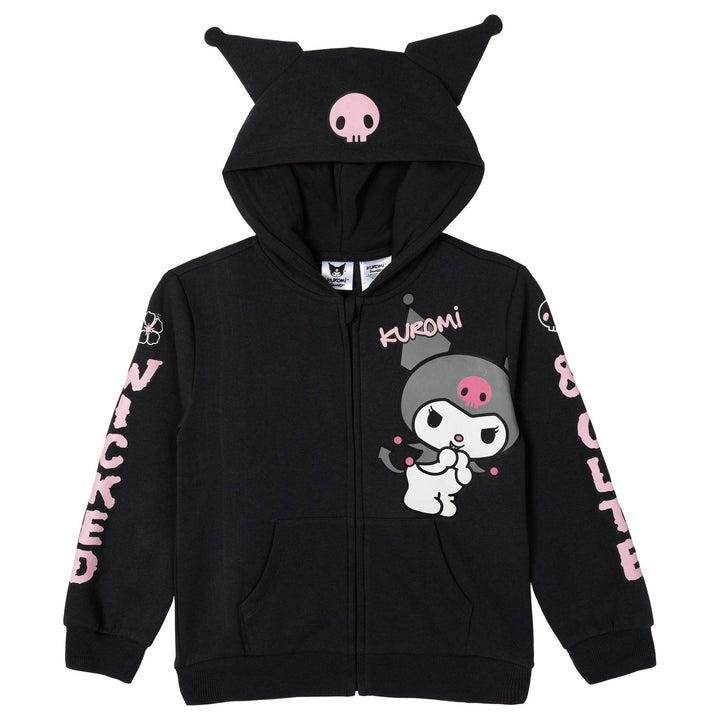 Hello Kitty Girls' Hooded Ears Fleece Zip-Up Hoodie Kuromi Charcoal Gray
