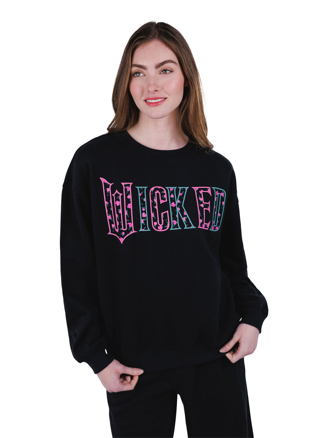Wicked Women's Fleece Crewneck Pullover Black Floral
