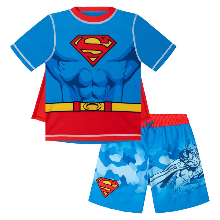 DC Comics Justice League Superman Cosplay Rash Guard and Swim Trunks Set Red