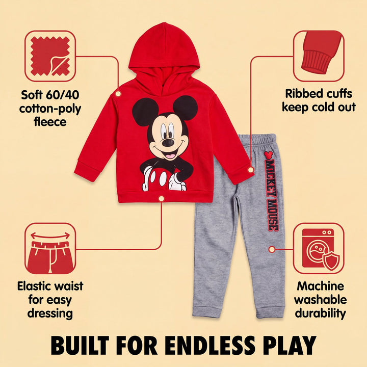 Disney Mickey Mouse Boys' Fleece 2-Piece Hoodie and Pants Set Red Grey