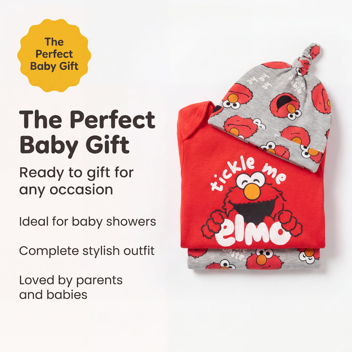 Sesame Street Elmo Baby 3-Piece Bodysuit Pants and Hat Set Red Grey