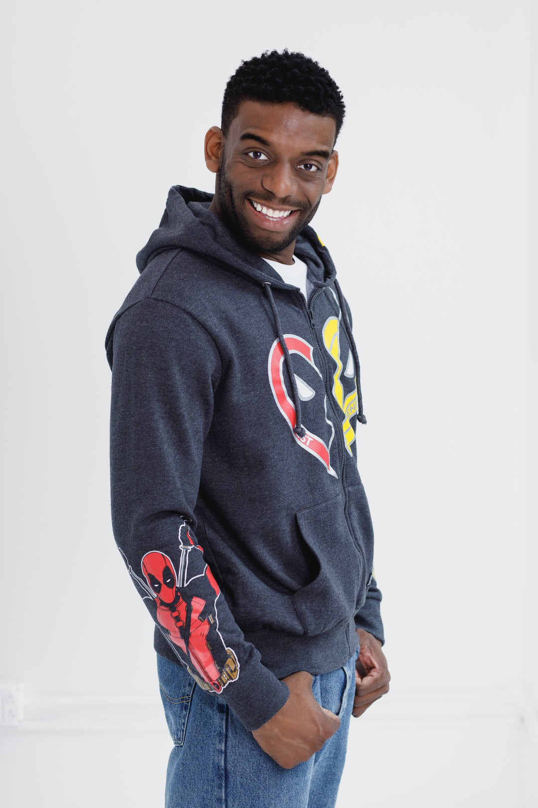 Deadpool Men's Marvel Deadpool and Wolverine Fleece Zip Up Hoodie Grey Wolv