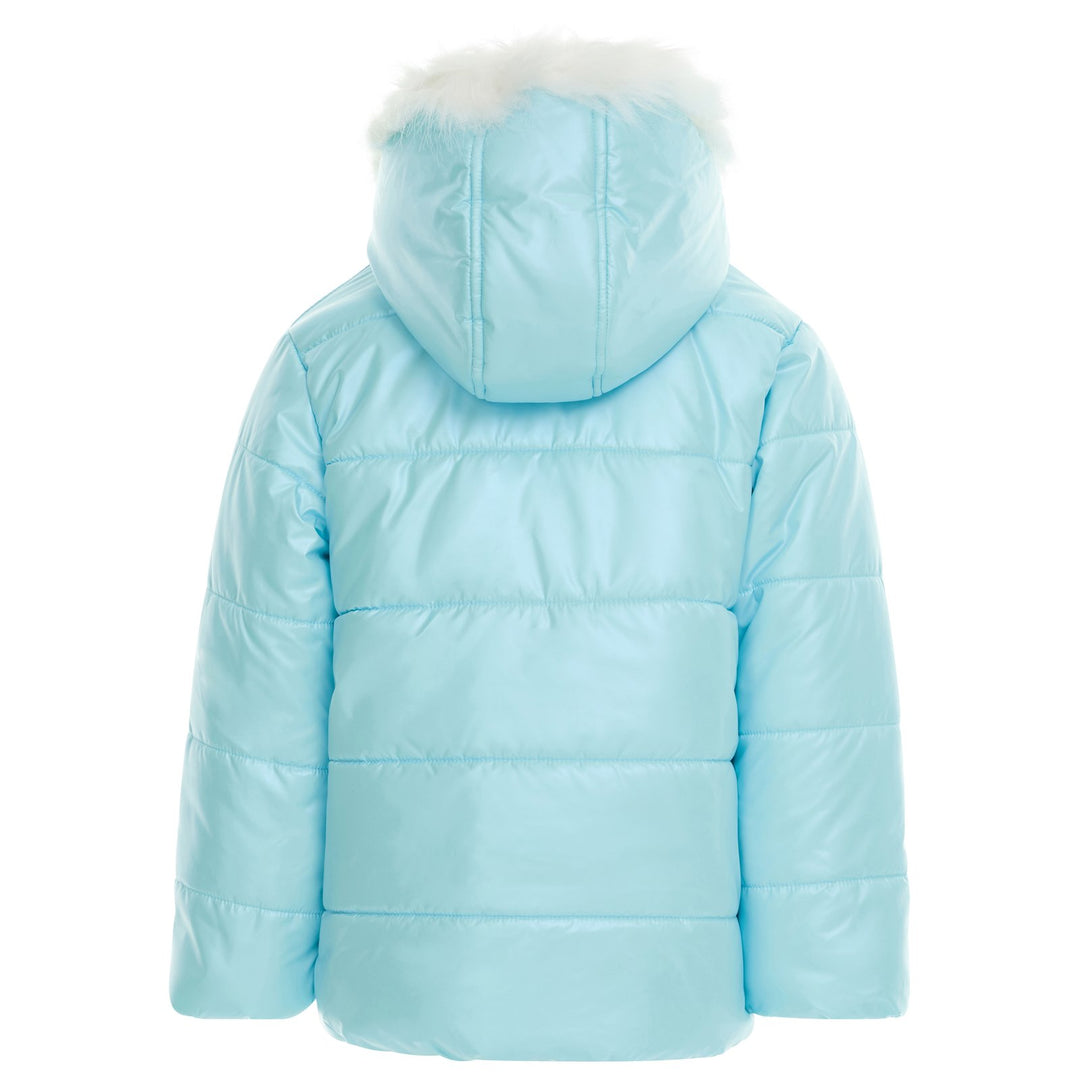 Frozen Girls' Faux Fur Hooded Puffer Coat Light Blue Anna Elsa