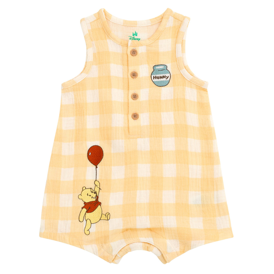 Disney Winnie the Pooh Baby Boys' Cotton Gauze Sleeveless Shorty Romper Tan