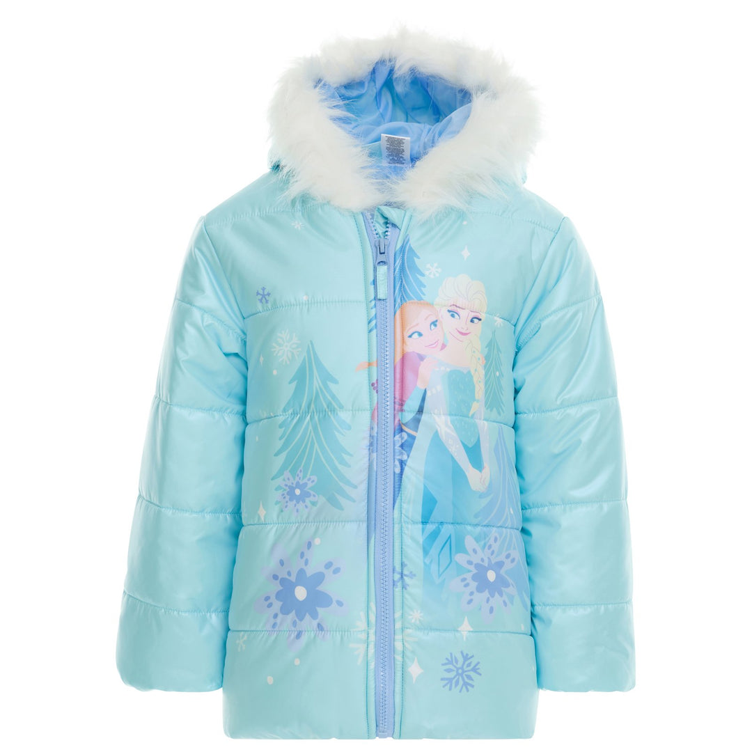 Frozen Girls' Faux Fur Hooded Puffer Coat Light Blue Anna Elsa