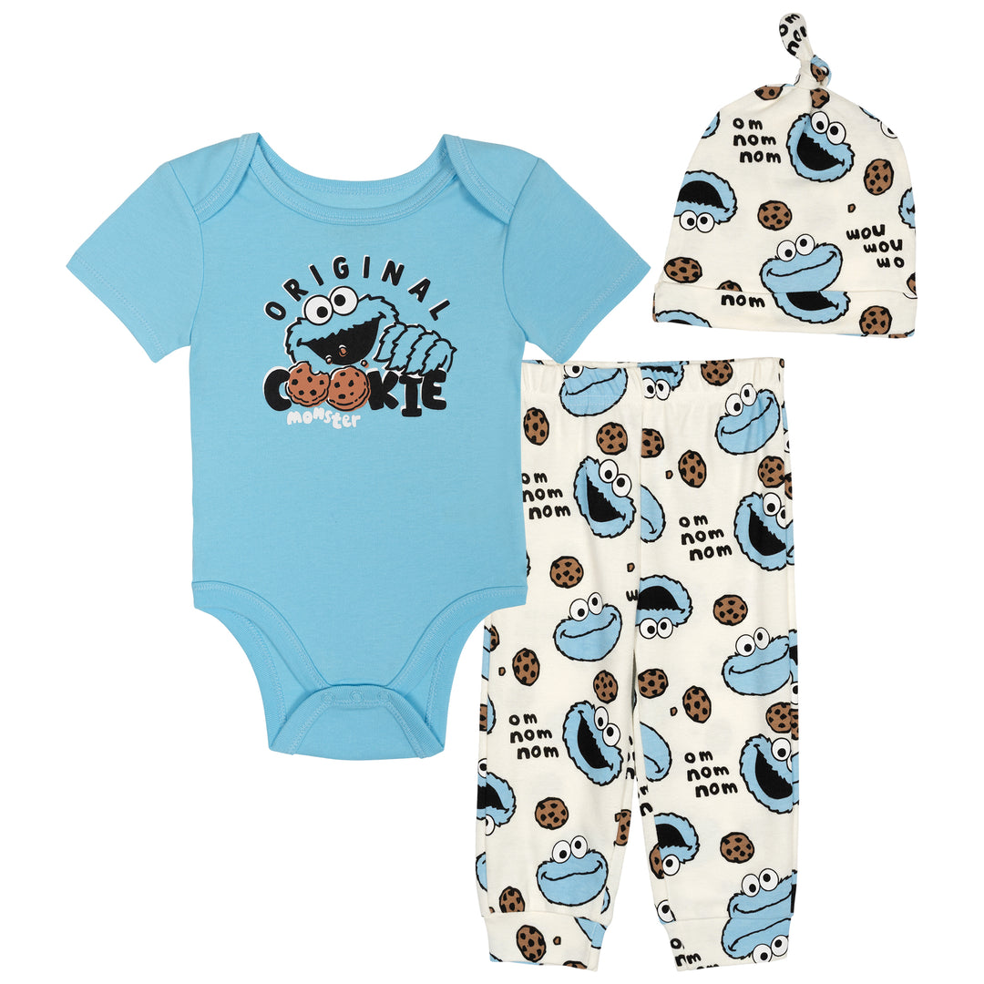 Sesame Street Cookie Monster Baby 3-Piece Bodysuit Pants and Hat Set Blue