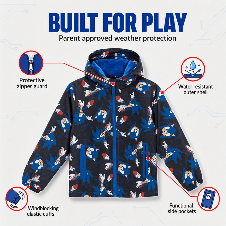 SEGA Sonic the Hedgehog Boys' Hooded Zip-Up Rain Jacket Black Blue