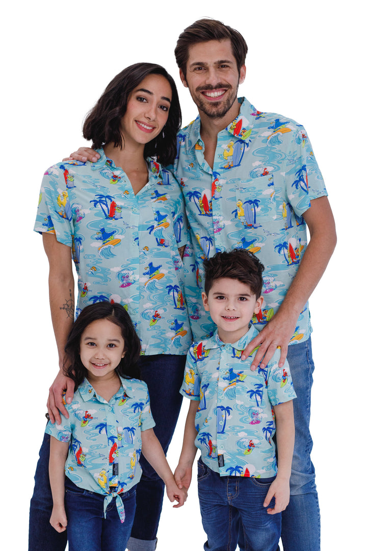 Sesame Street Abby Cadabby Bert & Ernie Big Bird Cookie Monster Elmo Matching Family Hawaiian Button Down Dress Shirt Adult