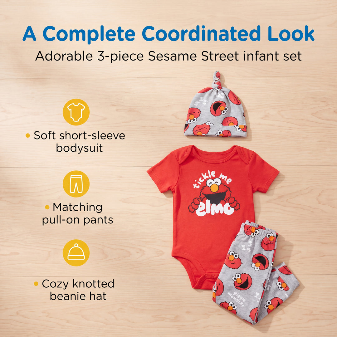 Sesame Street Elmo Baby 3-Piece Bodysuit Pants and Hat Set Red Grey