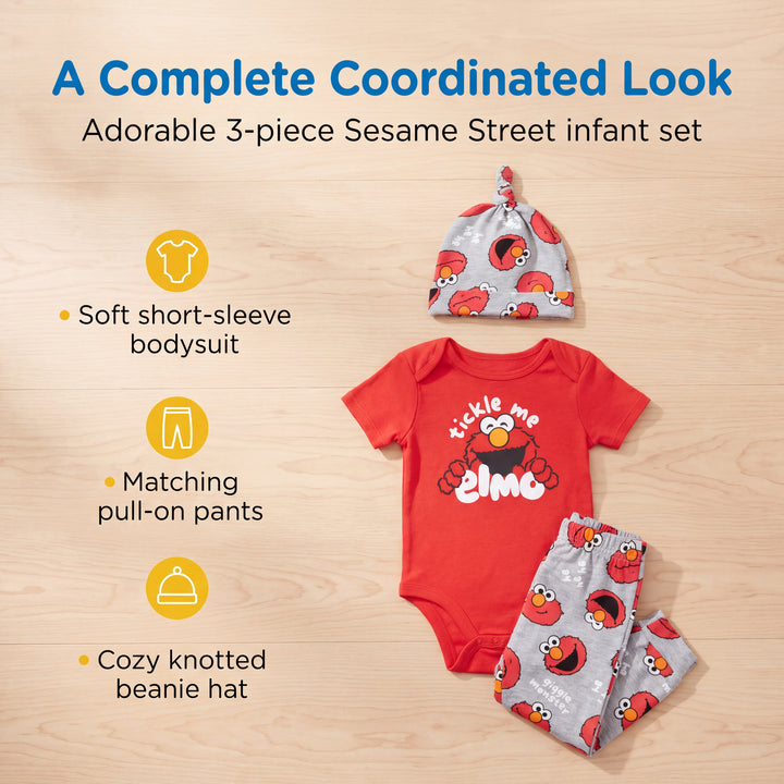 Sesame Street Elmo Baby 3-Piece Bodysuit Pants and Hat Set Red Grey