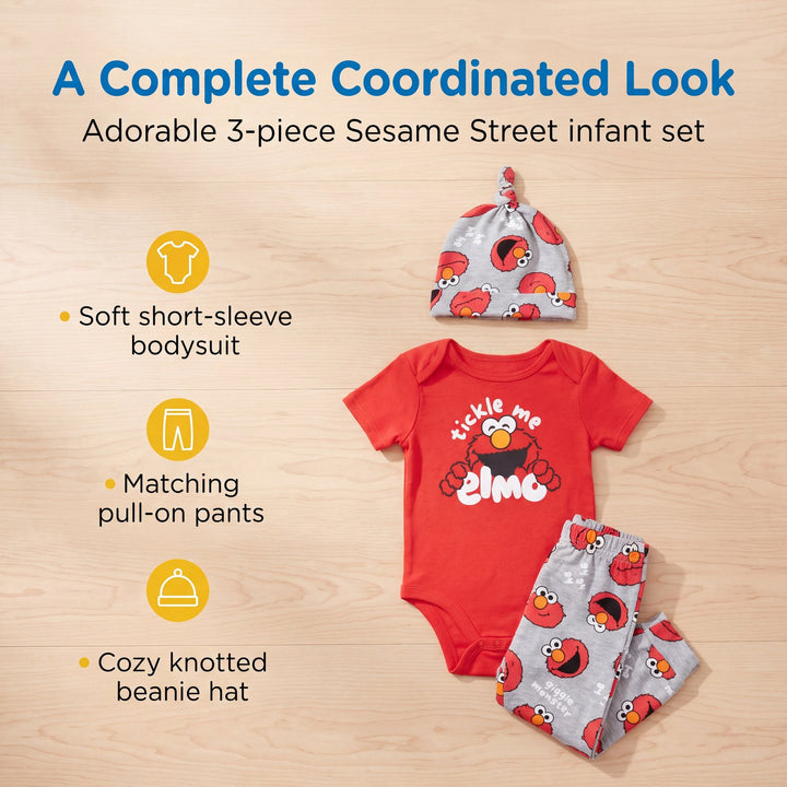 Sesame Street Elmo Baby 3-Piece Bodysuit Pants and Hat Set Red Grey