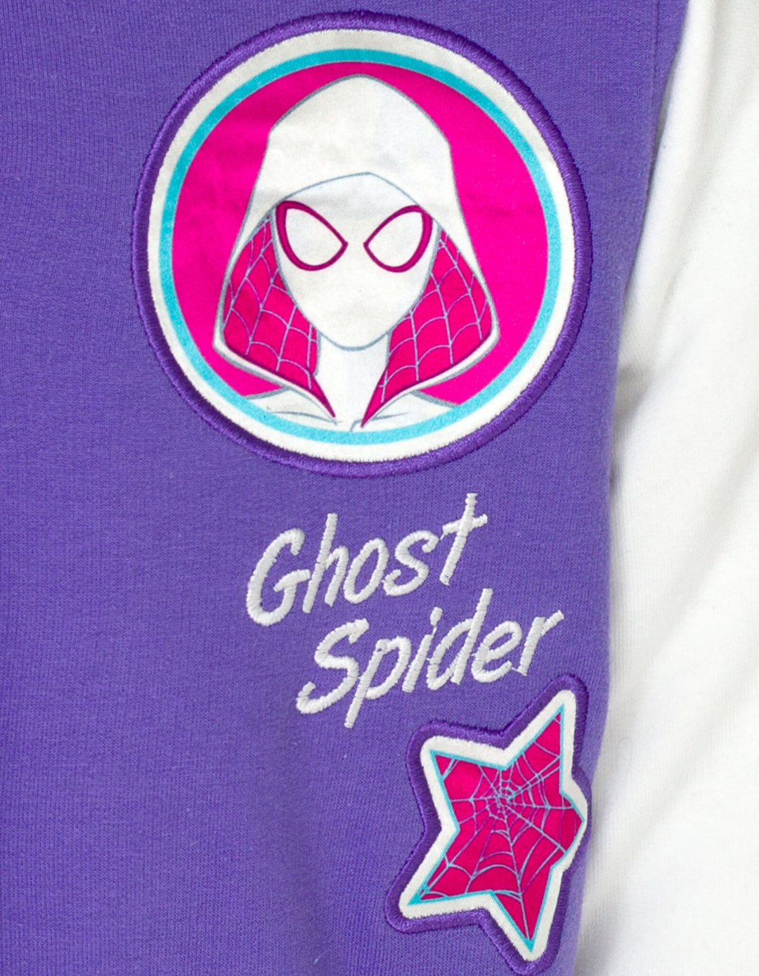 Marvel Spider-Verse Ghost-Spider French Terry Varsity Bomber Jacket Purple