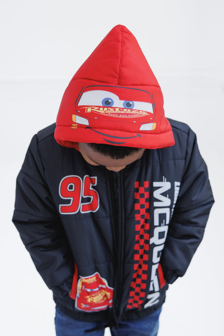 Cars Lightning McQueen Boys' Hooded Zip-Up Puffer Coat Black Red