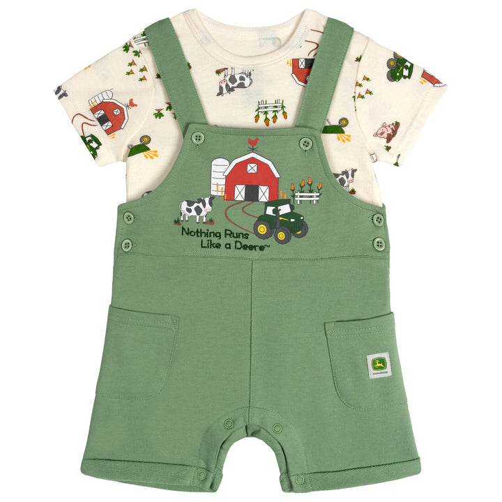 John Deere Boys' 2-Piece Shortall and T-Shirt Set Sage Green Cream