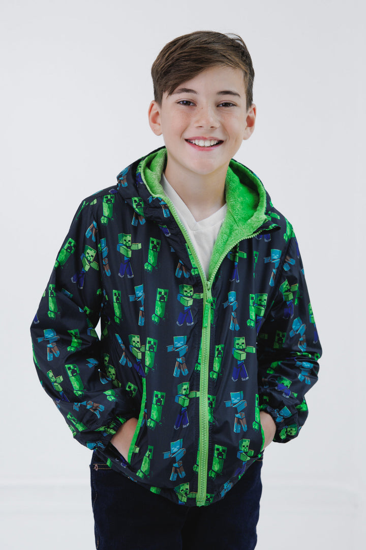 Minecraft Hooded Zip-Up Rain Jacket Creeper Zombie Black