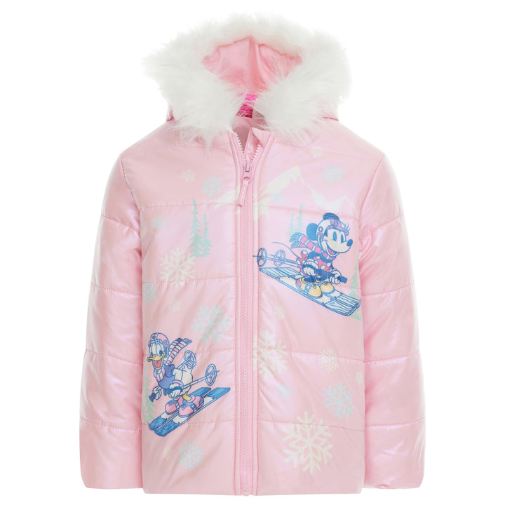 Minnie Mouse Girls' Faux Fur Hooded Puffer Coat Pink Daisy