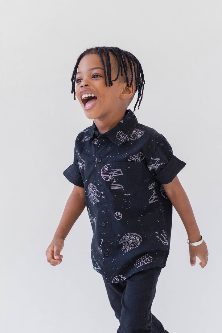 Star Wars Boys' Short Sleeve Button-Down Shirt Space Black