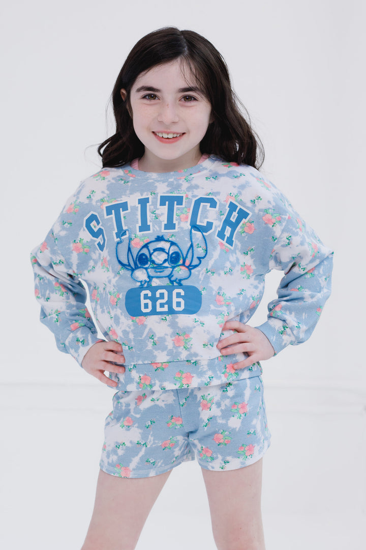 Lilo & Stitch Girls' Sweatshirt Tee and Shorts Set Blue Pink