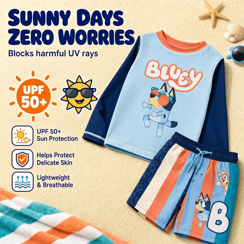 Bluey Boys' Long Sleeve Rash Guard and Swim Trunks Set Bingo Sky Blue