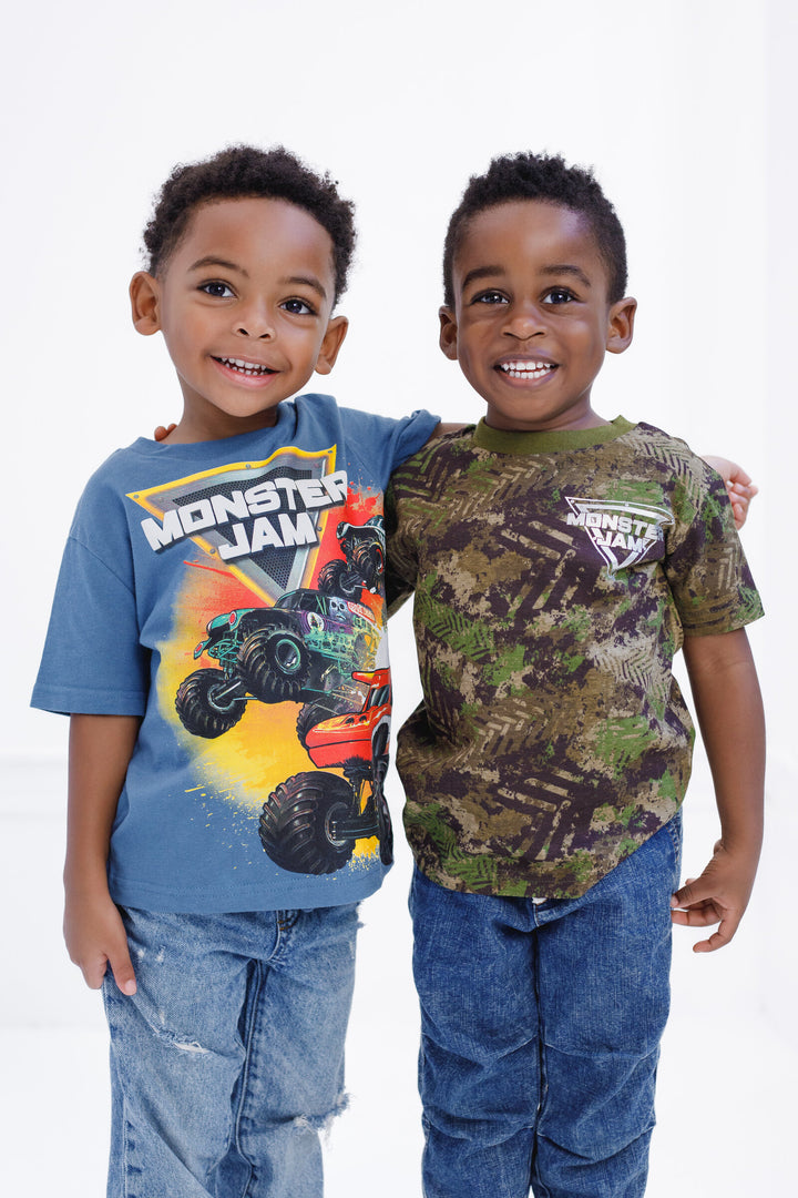 Monster Jam Boys' 3-Pack Short Sleeve T-Shirts Blue Black Olive Camo