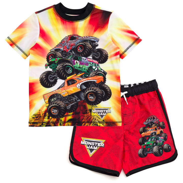 Monster Jam Boys' UPF 50+ 2-Piece Rash Guard and Swim Trunks Set Fiery Orange