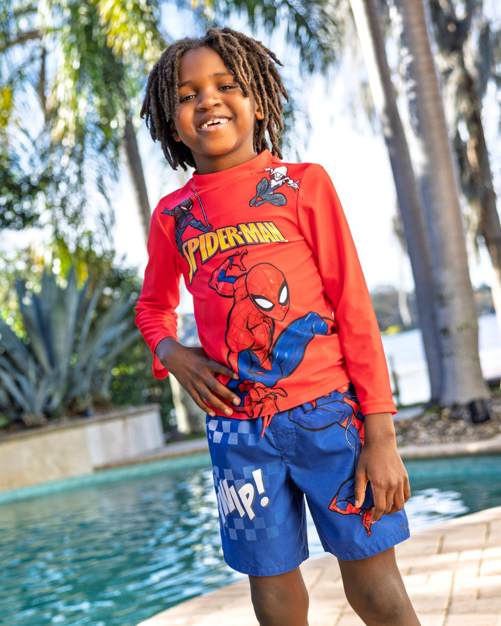 Marvel Spider-Man Boys' Long Sleeve Rash Guard and Swim Trunks Set Red Navy