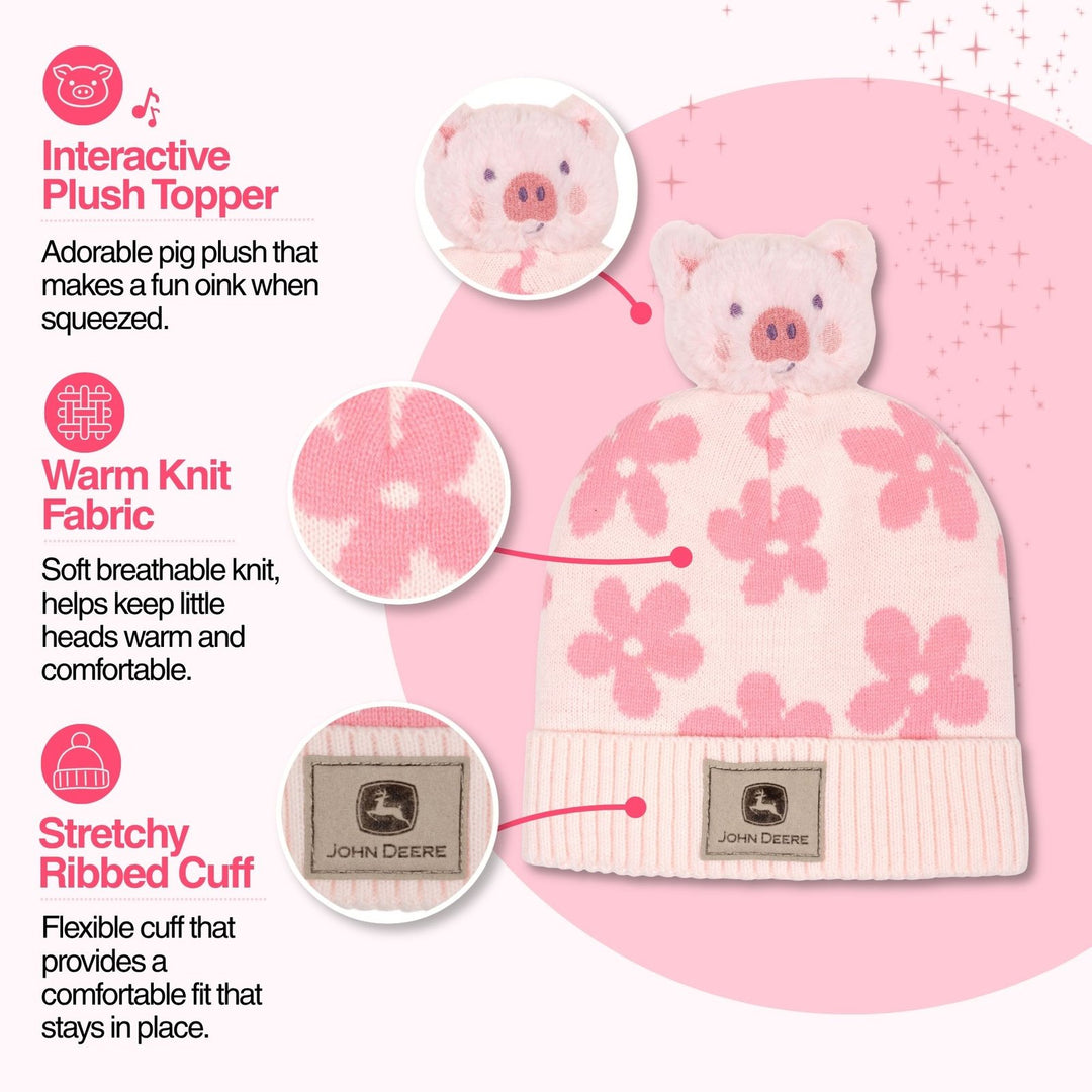 John Deere Toddler Girls' Pom Pom Beanie Hat with Sound Chip Pink Floral Pig
