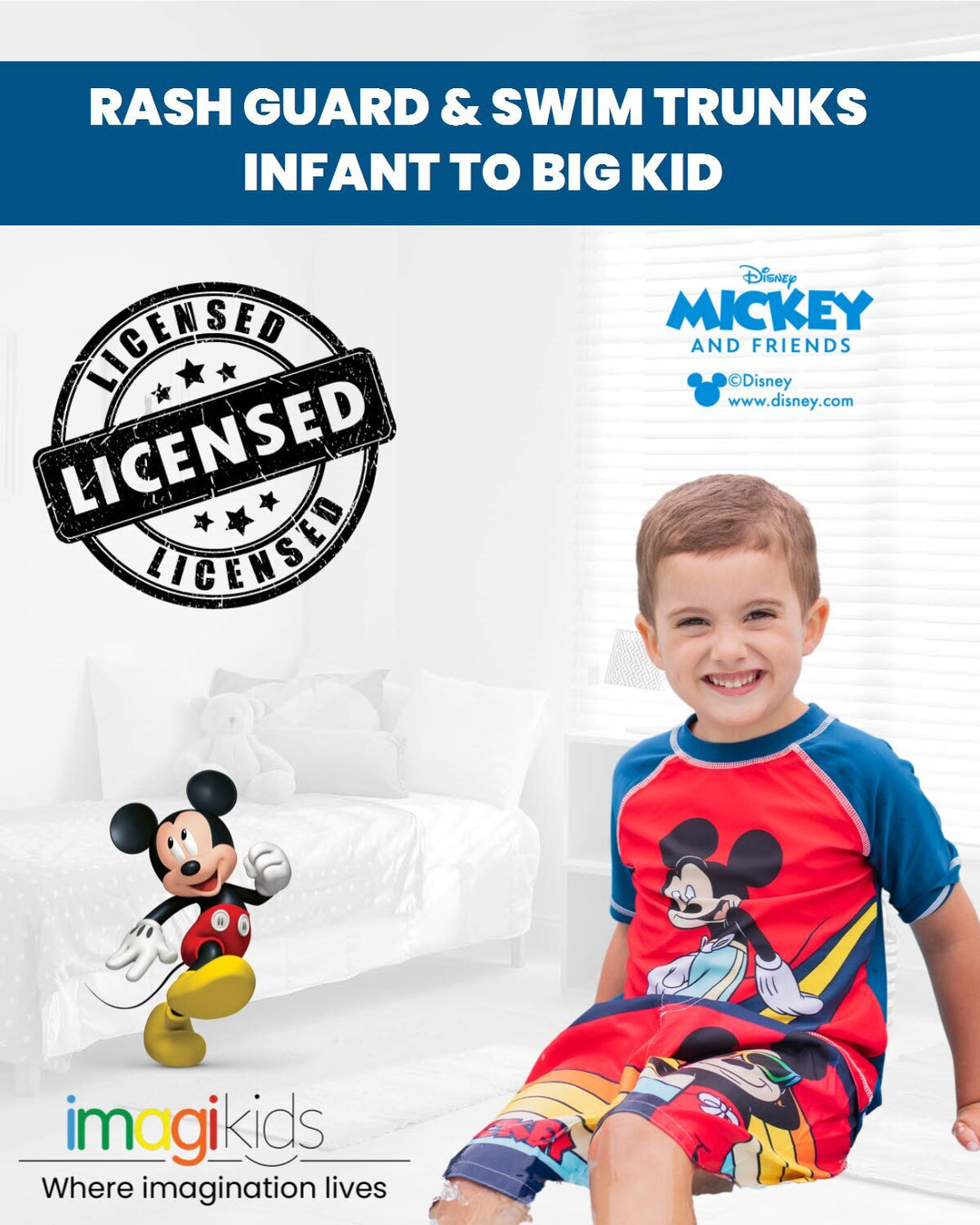 Disney Mickey Mouse Boys' 2-Piece Rash Guard and Swim Trunks Set Red Multi