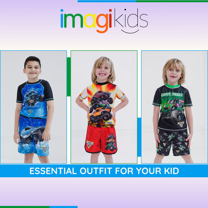 Monster Jam Grave Digger UPF 50+ 2-Piece Rash Guard and Swim Trunks Set Black