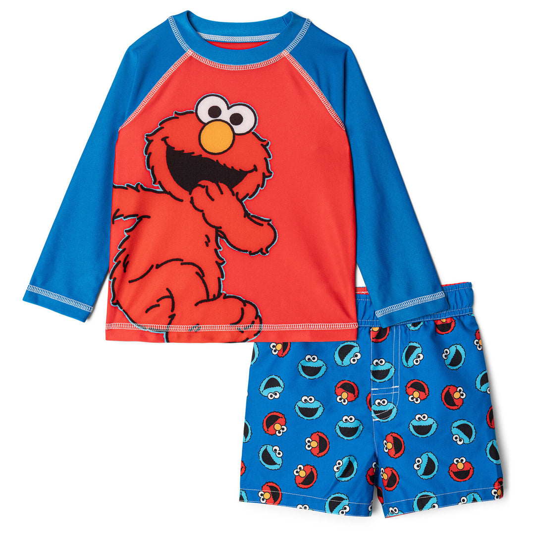 Sesame Street 2-Piece Swimwear Rash Guard and Swim Trunks Set Elmo Red Blue