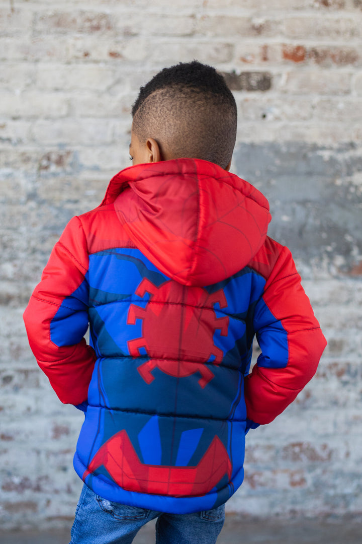 Marvel Spider-Man Boys' Hooded Zip-Up Puffer Jacket Red Blue