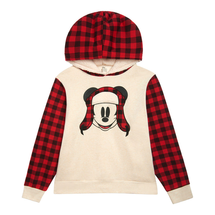 Disney Mickey Mouse Men's Holiday Fleece Hooded Pullover Red Plaid