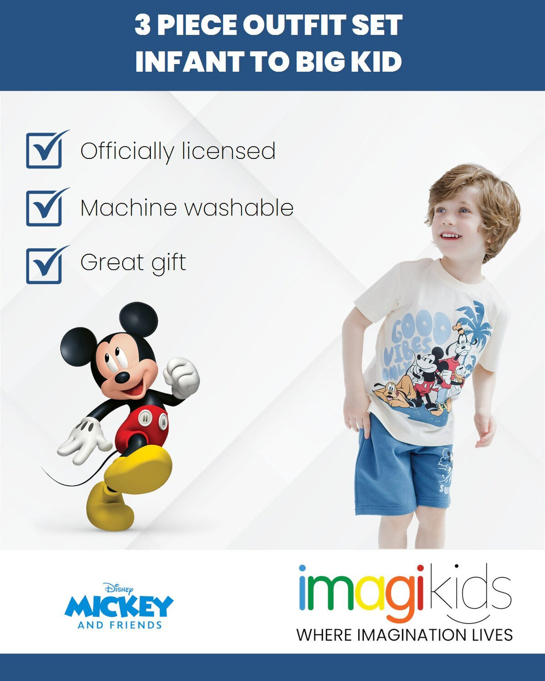 Disney Mickey Mouse & Friends Boys' 3-Piece Tee Tank and Shorts Set Minnie Blue