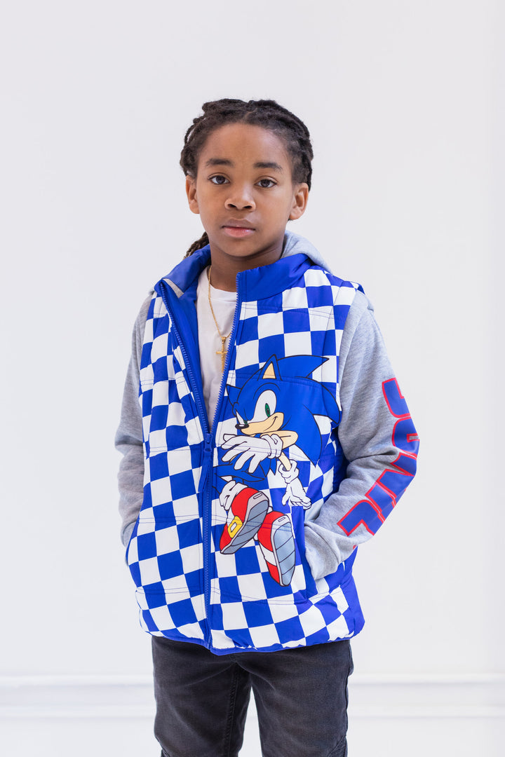 SEGA Sonic the Hedgehog Little Boys' Layered Hooded Puffer Jacket Blue