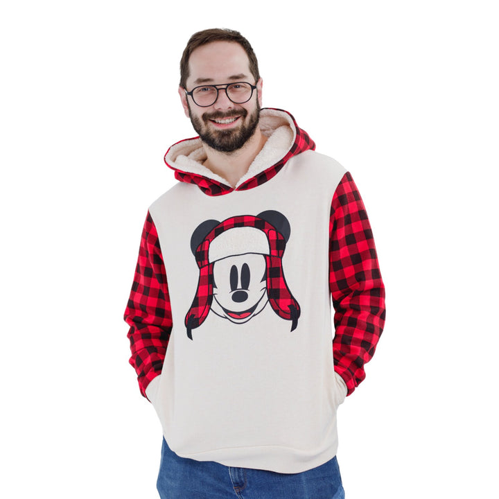 Disney Mickey Mouse Men's Holiday Fleece Hooded Pullover Red Plaid