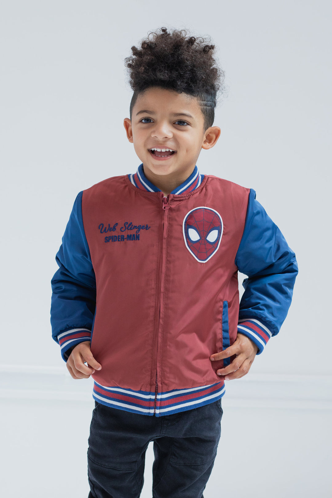 Marvel Spider-Man Boys' Zip-Up Varsity Bomber Jacket Navy Red