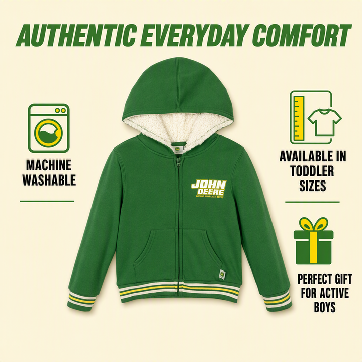 John Deere Boys' Fleece Zip-Up Hoodie Green Cream