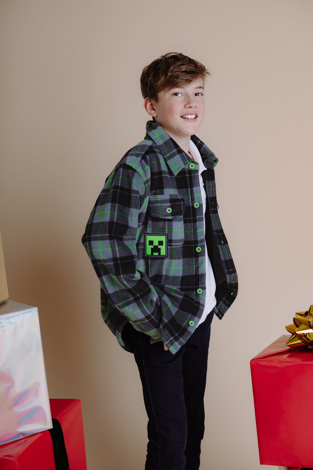 Minecraft Creeper Boys' Fleece Lined Shacket Gray Green