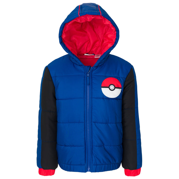 Pokemon Boys' Full Zip Hooded Puffer Jacket Blue Black