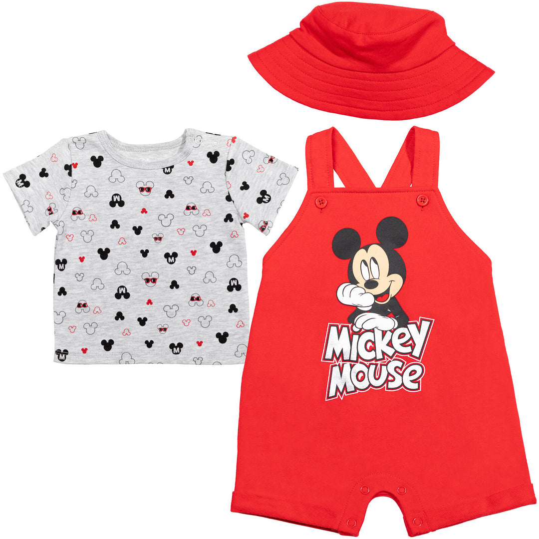 Disney Mickey Mouse Baby Boys' 3-Piece Shortall, T-Shirt and Hat Set Red Grey