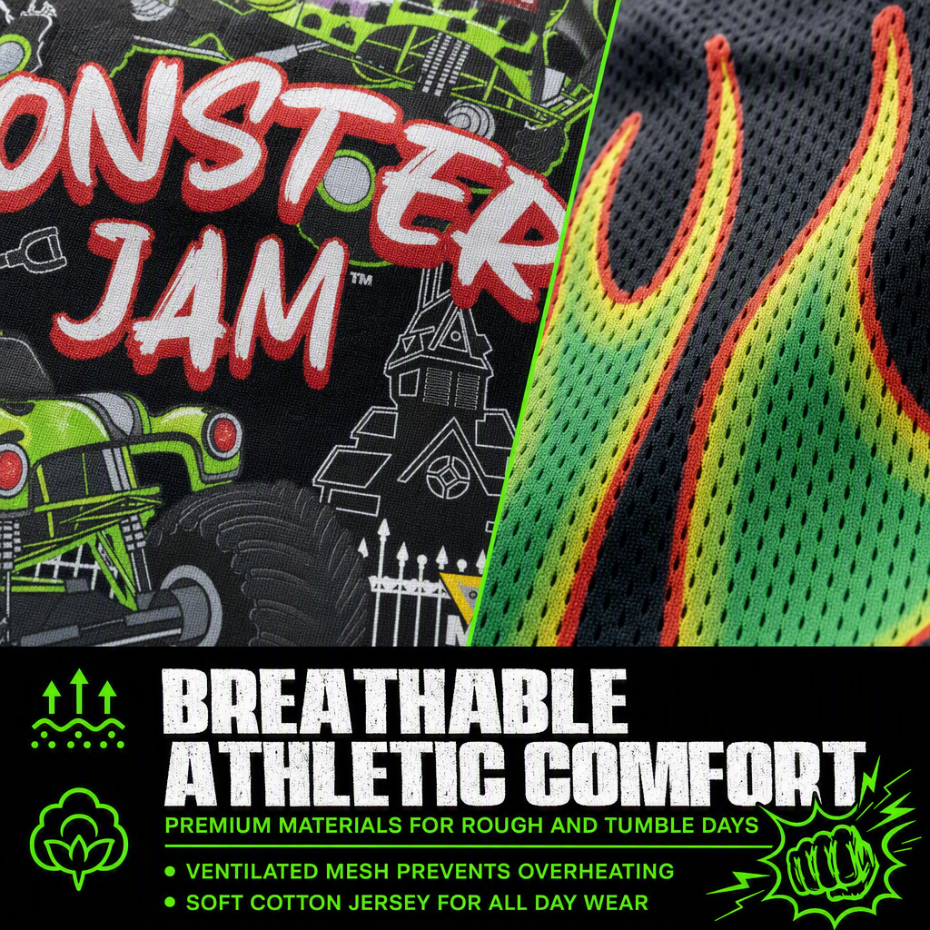 Monster Jam Grave Digger Athletic 2-Piece T-Shirt and Mesh Shorts Set Flames