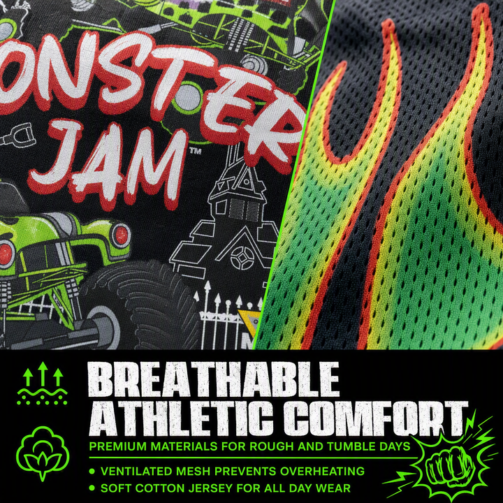 Monster Jam Grave Digger Athletic 2-Piece T-Shirt and Mesh Shorts Set Flames