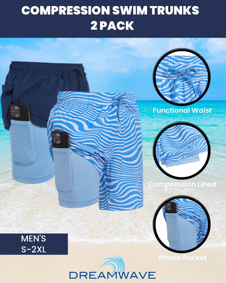 Dreamwave Men's 2-Pack Compression Liner Swim Trunks with Phone Pocket 7 inch Inseam Anti Chafing Navy Wavy Stripe
