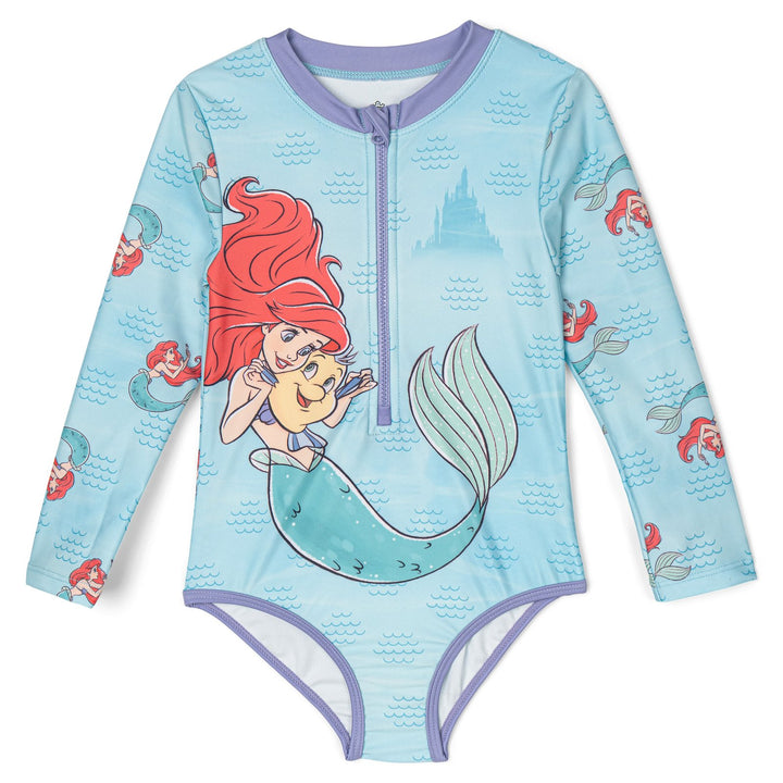 The Little Mermaid Princess Ariel Girls' Zip-Up One Piece Swimsuit Light Blue