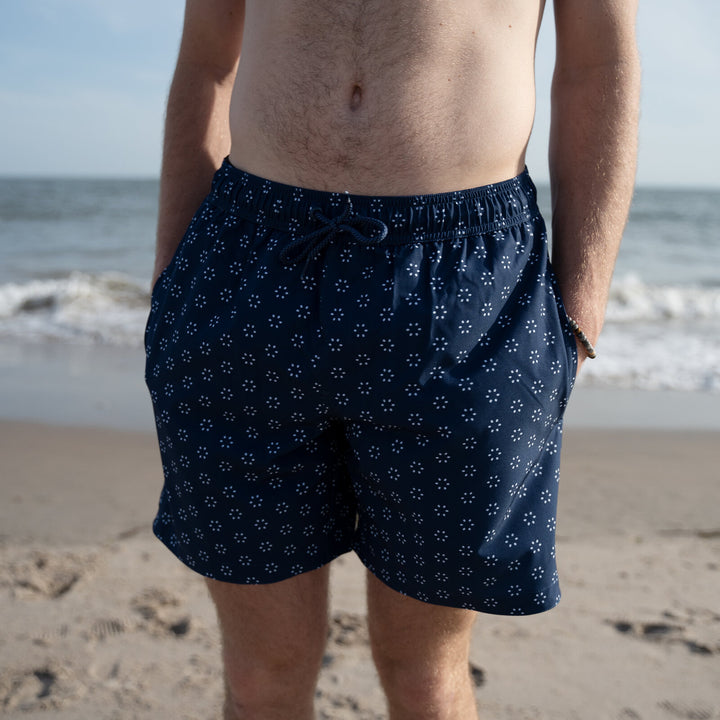 Dreamwave Men's Compression Liner Swim Trunks with Phone Pocket 7 inch Inseam Anti Chafing Navy Medallion