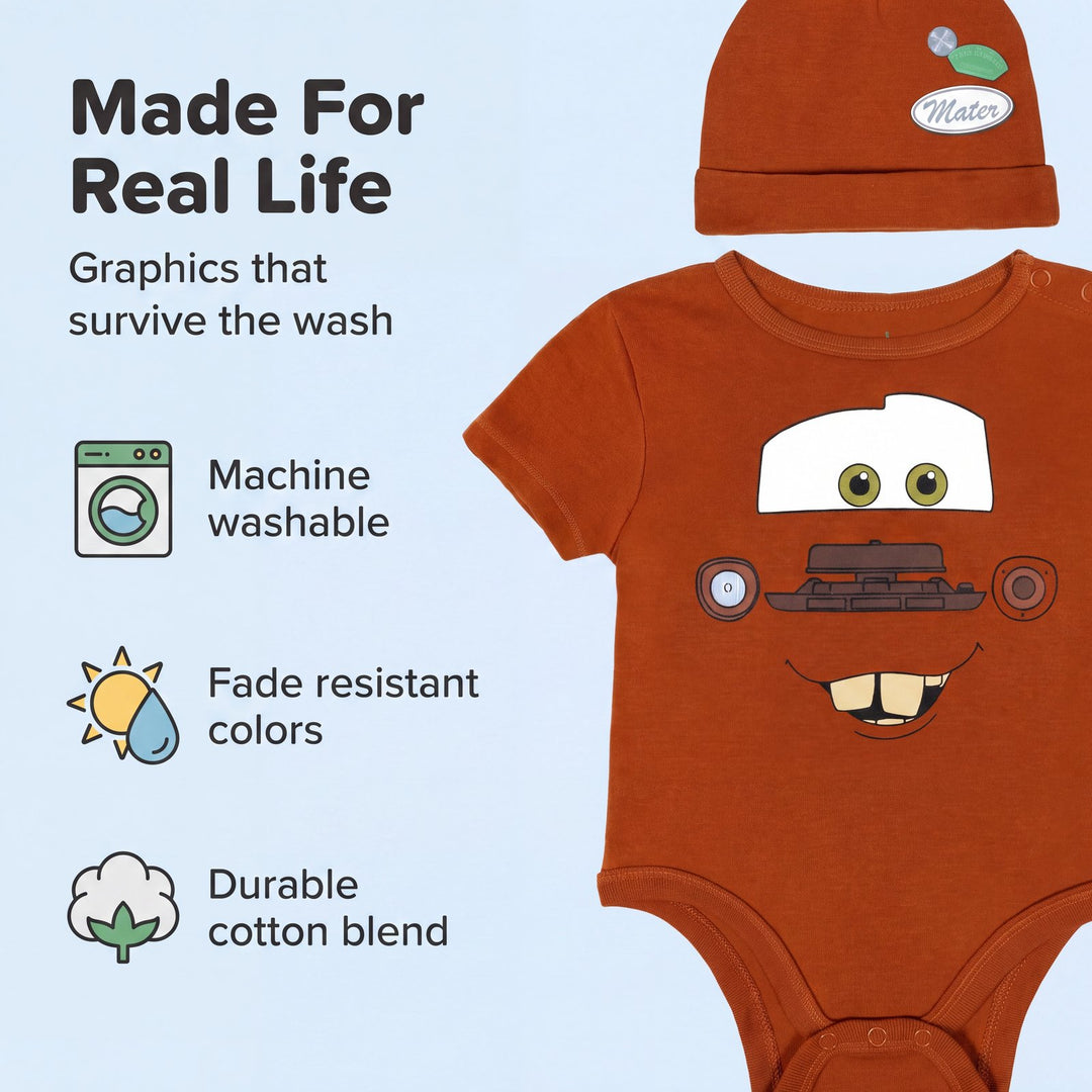 Cars Baby Boys' 2-Piece Cosplay Bodysuit and Hat Set Rusty Brown Mater