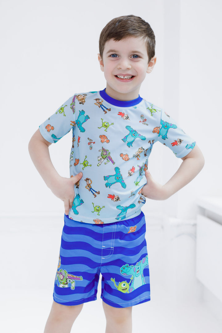 Disney Pixar Boys' 2-Piece Rash Guard and Swim Trunks Set Sky Blue