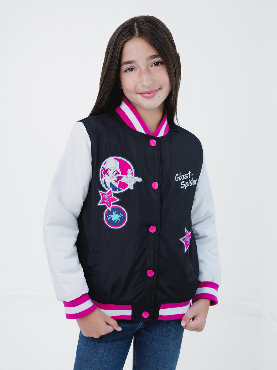 Marvel Spider-Verse Spider-Gwen Girls' Cosplay Bomber Jacket Black Ghost