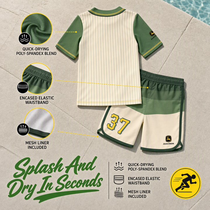 John Deere Boys' 2-Piece Rash Guard and Swim Trunks Set Ivory Dark Green